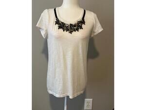 Chicos Short Sleeve Top with Black Beaded Necklace Detail and Back Satin Tie